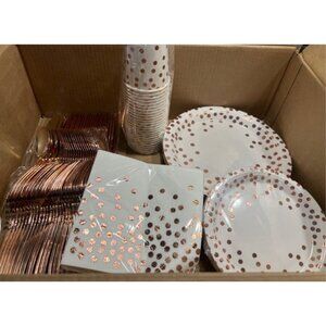New 175 Pieces Rose Gold Party Supplies - Rose Gold Dot on White Paper Plates